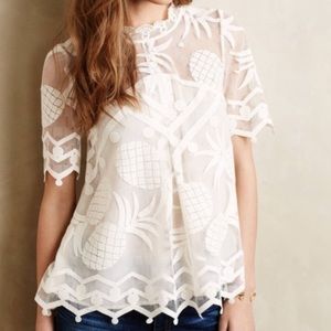 Anthropologie White Sheer Pineapple Embroidered Short-Sleeve Top